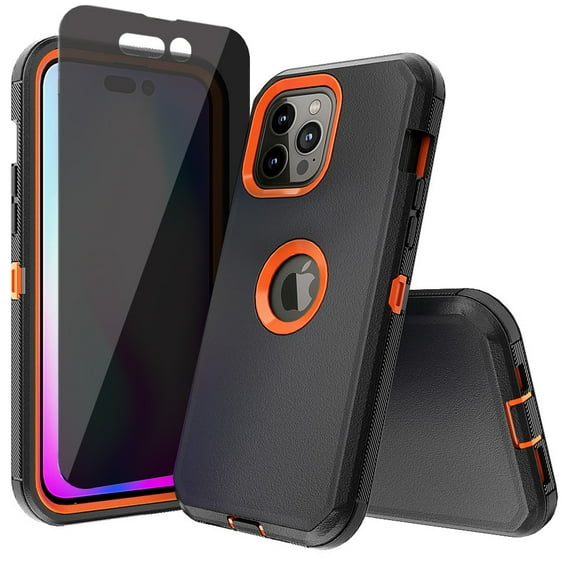 Xhy iPhone 14 Pro Max Case with Privacy Screen Protector Military Grade Heavy Duty Protection 3 in 1 Shockproof Armor Rugged Durable Detachable for iPhone 14 Pro Max 6.7 inch 2022 Phone - Black+Orange