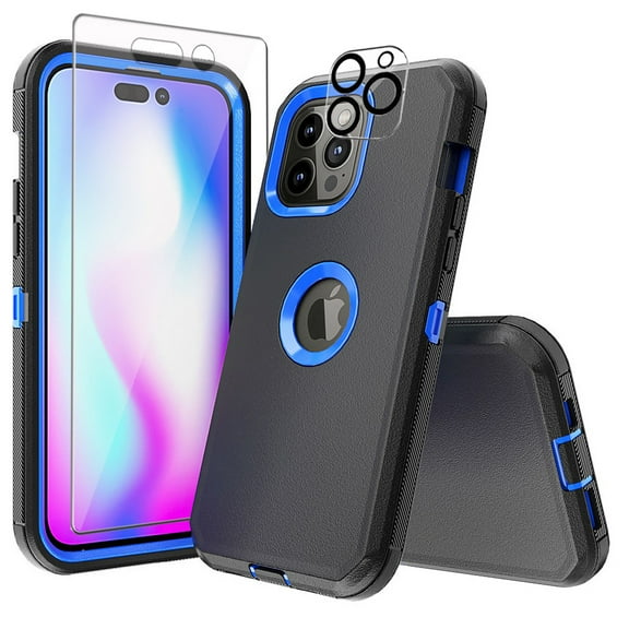 Xhy iPhone 14 Pro Max Case with Screen and Lens Protector Military Grade Heavy Duty 3 in 1 Shockproof Armor Rugged Durable Detachable for iPhone 14 Pro Max 6.7 inch 2022 Phone - Black+Dark Blue