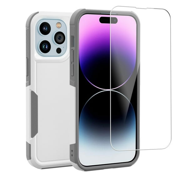Xhy iPhone 14 Pro Max Case with Screen Protector Double Layer Rugged Drop Resistant, Military Grade Full Body Protection TPU Durable Detachable for iPhone 14 Pro Max 6.7 inch 2022 Phone - White Grey