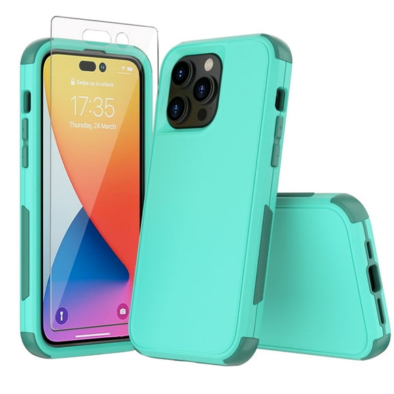 Xhy iPhone 14 Pro Max Case with Screen Protector Military Grade Full Body Protection 3 in 1 Shock and Drop Resistant TPU Durable Detachable for iPhone 14 Pro Max 6.7 inch 2022 Phone - Teal/Dark Green