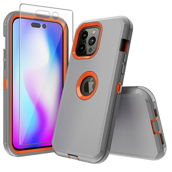 Xhy iPhone 14 Pro Max Case with Screen Protector Military Grade Heavy Duty Protection 3 in 1 Shockproof Armor Rugged Durable Detachable for iPhone 14 Pro Max 6.7 inch 2022 Phone - Gray+Orange