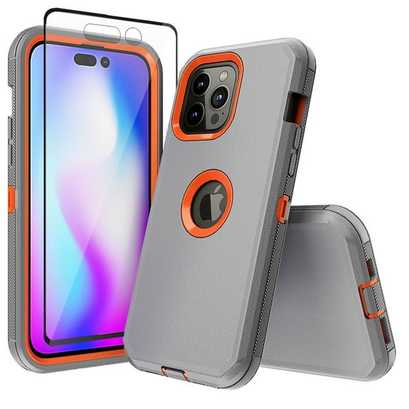 Xhy iPhone 14 Pro Max Case with Screen Protector Military Grade Heavy Duty Protection 3 in 1 Shockproof Armor Rugged Durable Detachable for iPhone 14 Pro Max 6.7 inch 2022 Phone - Gray+Orange