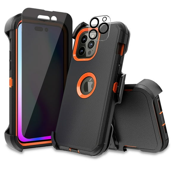 Xhy iPhone 14 Pro Max case with Belt Clip Holster+Privacy Screen+Lens Protector Military Grade Heavy Duty Shockproof Armor Durable Detachable for iPhone 14 Pro Max 6.7 inch 2022 Phone - Black+Orange