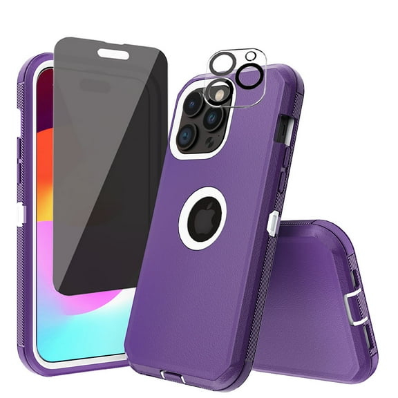 Xhy for iPhone 15 Case with Privacy Screen and Lens Protector Military Grade Heavy Duty 3 in 1 Shockproof Armor iPhone 15 6.1 inch 2023 Phone - Purple+White