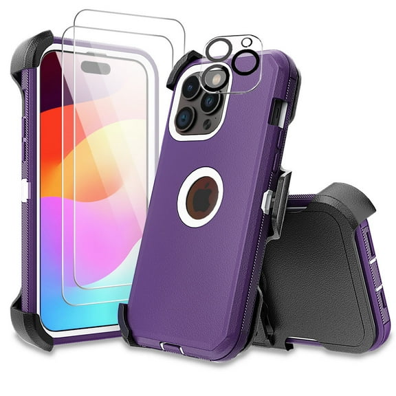 Xhy for iPhone 15 Case with Screen and Lens Protector and Belt Clip Holster Military Grade Heavy Duty 3 in 1 Shockproof Armor iPhone 15 6.1 inch 2023 Phone - Purple+White