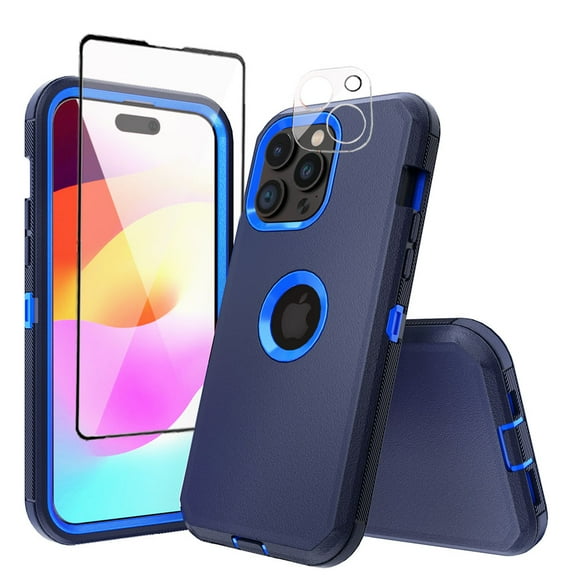 Xhy for iPhone 15 Case with Screen and Lens Protector Military Grade Heavy Duty 3 in 1 Shockproof Armor iPhone 15 6.1 inch 2023 Phone - Dark Blue+Blue