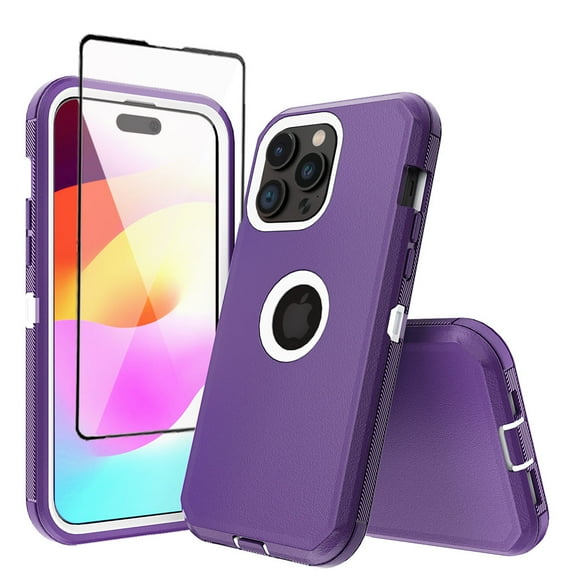 Xhy for iPhone 15 Case with Screen Protector Military Grade Heavy Duty Protection 3 in 1 Shockproof Armor Rugged Durable Detachable iPhone 15 6.1 inch 2023 Phone - Purple+White