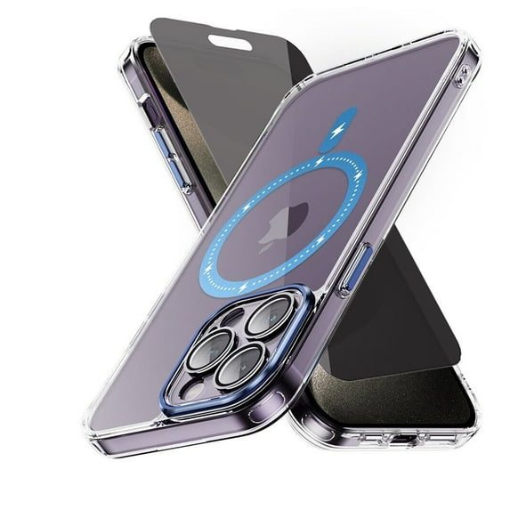 Xhy iPhone 15 Magnetic Case with Privacy Screen Protector Compatible with Magsafe Shockproof Non-Yellowing Crystal Clear Phone Case for iPhone 15 6.1 Inch Blue