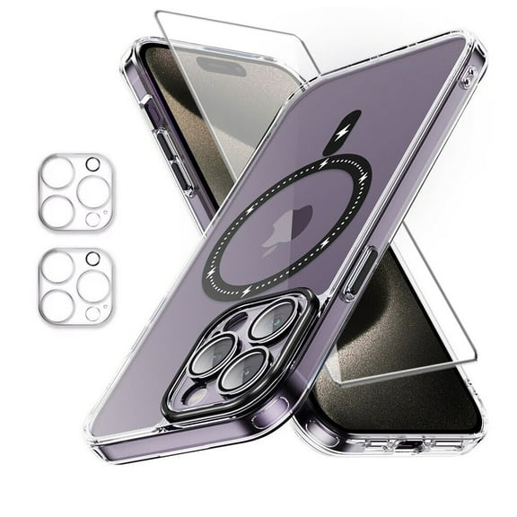 Xhy iPhone 15 Magnetic Case with Screen and Lens Protector Compatible with Magsafe Shockproof Non-Yellowing Crystal Clear Phone Case for iPhone 15 6.1 Inch Black