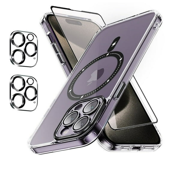 Xhy iPhone 15 Magnetic Case with Screen and Lens Protector Compatible with Magsafe Shockproof Non-Yellowing Crystal Clear Phone Case for iPhone 15 6.1 Inch Black