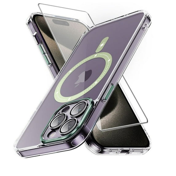 Xhy iPhone 15 Magnetic Case with Screen Protector Compatible with Magsafe Shockproof Non-Yellowing Crystal Clear Phone Case for iPhone 15 6.1 Inch Green