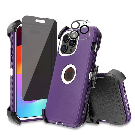 Xhy for iPhone 15 Plus Case with Privacy Screen and Lens Protector and Belt Clip Holster Military Grade Heavy Duty 3 in 1 Shockproof Armor iPhone 15 Plus 6.7 inch 2023 Phone - Purple+White