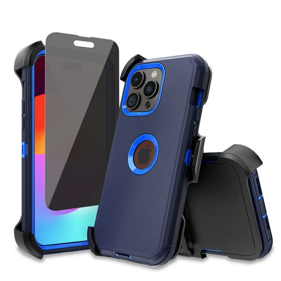 Xhy for iPhone 15 Plus Case with Privacy Screen Protector and Belt Clip Holster Military Grade Heavy Duty 3 in 1 Shockproof Armor Rugged iPhone 15 Plus 6.7 inch 2023 Phone - Dark Blue+Blue