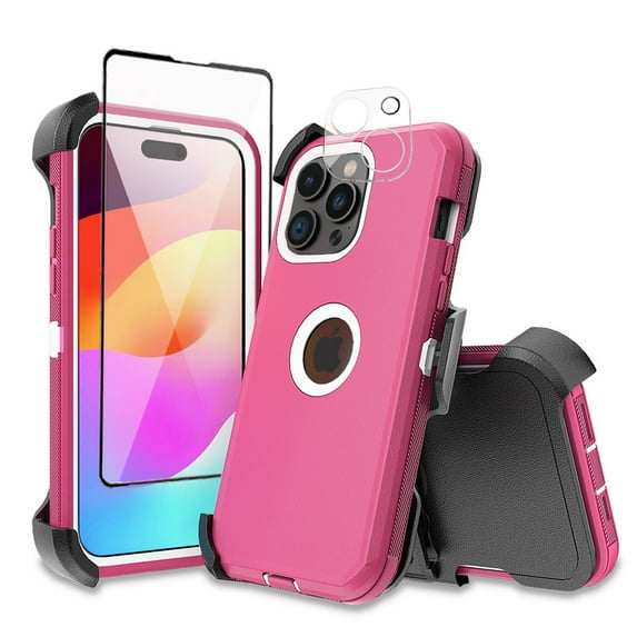 Xhy for iPhone 15 Plus Case with Screen Protector and Belt Clip Holster Military Grade Heavy Duty 3 in 1 Shockproof Armor Rugged Durable iPhone 15 Plus 6.7 inch 2023 Phone - Rose Red+White