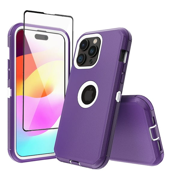 Xhy for iPhone 15 Plus Case with Screen Protector Military Grade Heavy Duty 3 in 1 Shockproof Armor Rugged Durable Detachable iPhone 15 Plus 6.7 inch 2023 Phone - Purple+White
