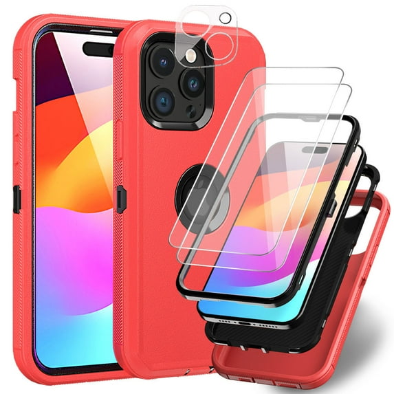 Xhy for iPhone 15 Pro Case with Screen and Lens Protector Military Grade Heavy Duty 3 in 1 Shockproof Armor iPhone 15 Pro 6.1 inch 2023 Phone - Red+Black