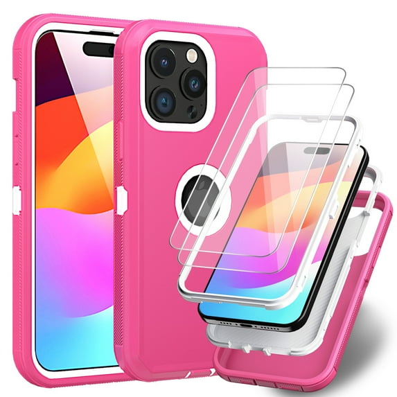Xhy for iPhone 15 Pro Case with Screen Protector Military Grade Heavy Duty 3 in 1 Shockproof Armor Rugged Durable Detachable iPhone 15 Pro 6.1 inch 2023 Phone - Rose Red+White