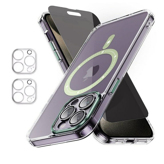 Xhy iPhone 15 Pro Magnetic Case with Privacy Screen and Lens Protector Compatible with Magsafe Shockproof Non-Yellowing Crystal Clear Phone Case for iPhone 15 Pro 6.1 Inch Green