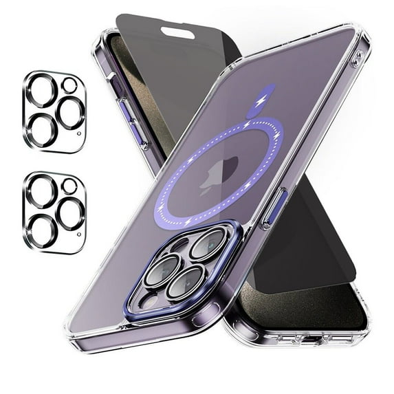 Xhy iPhone 15 Pro Magnetic Case with Privacy Screen and Lens Protector Compatible with Magsafe Shockproof Non-Yellowing Crystal Clear Phone Case for iPhone 15 Pro 6.1 Inch Purple