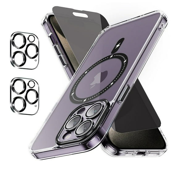 Xhy iPhone 15 Pro Magnetic Case with Privacy Screen and Lens Protector Compatible with Magsafe Shockproof Non-Yellowing Crystal Clear Phone Case for iPhone 15 Pro 6.1 Inch Black