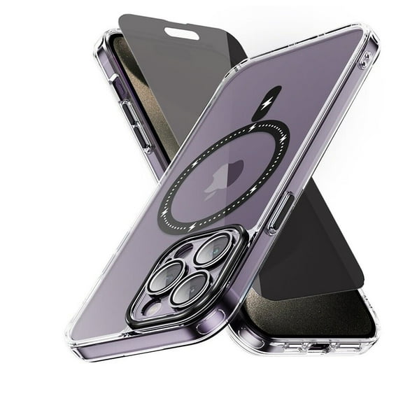 Xhy iPhone 15 Pro Magnetic Case with Privacy Screen Protector Compatible with Magsafe Shockproof Non-Yellowing Crystal Clear Phone Case for iPhone 15 Pro 6.1 Inch Black