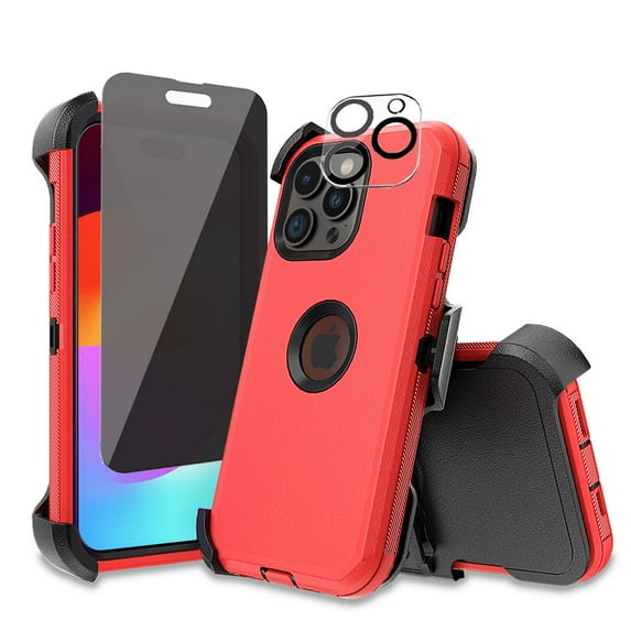 Xhy iPhone 15 Pro Max Case with Privacy Screen and Lens Protector and Belt Clip Holster Military Grade Heavy Duty 3 in 1 Shockproof Armor for iPhone 15 Pro Max 6.7 inch 2023 Phone - Red+Black
