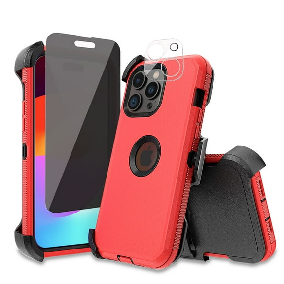 Xhy for iPhone 15 Pro Max Case with Privacy Screen and Lens Protector and Belt Clip Holster Military Grade Heavy Duty 3 in 1 Shockproof Armor iPhone 15 Pro Max 6.7 inch 2023 Phone - Red+Black
