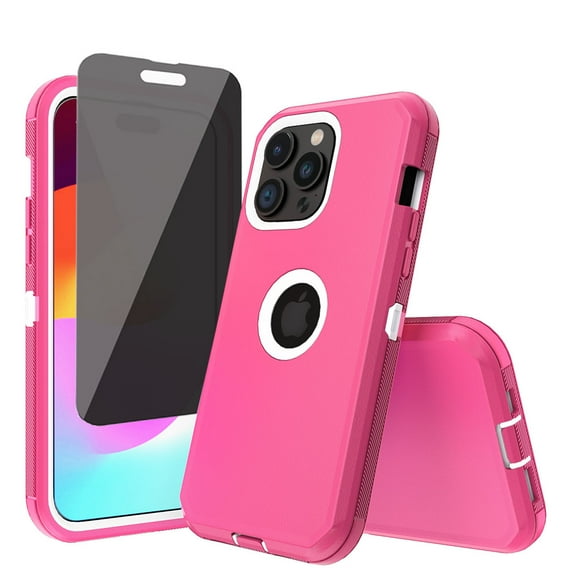 Xhy for iPhone 15 Pro Max Case with Privacy Screen Protector Military Grade Heavy Duty 3 in 1 Shockproof Armor iPhone 15 Pro Max 6.7 inch 2023 Phone - Rose Red+White
