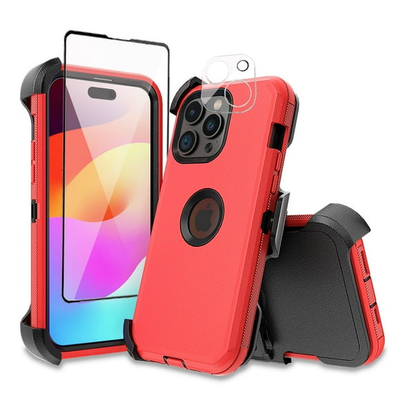 Xhy for iPhone 15 Pro Max Case with Screen and Lens Protector and Belt Clip Holster Military Grade Heavy Duty 3 in 1 Shockproof Armor iPhone 15 Pro Max 6.7 inch 2023 Phone - Red+Black