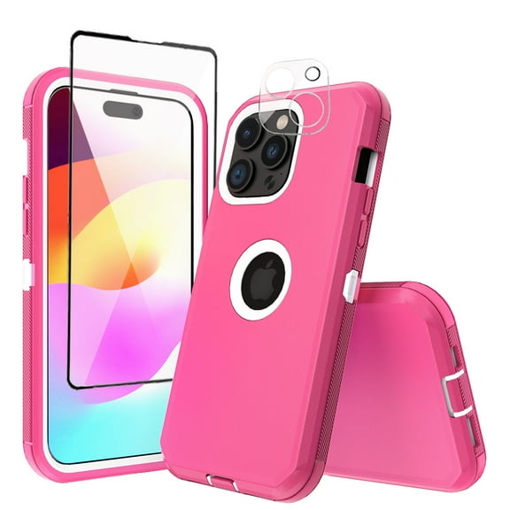 Xhy iPhone 15 Pro Max Case with Screen and Lens Protector Military Grade Heavy Duty 3 in 1 Shockproof Armor for iPhone 15 Pro Max 6.7 inch 2023 Phone - Rose Red+White