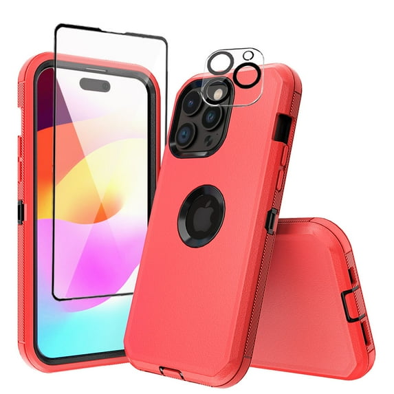 Xhy iPhone 15 Pro Max Case with Screen and Lens Protector Military Grade Heavy Duty 3 in 1 Shockproof Armor for iPhone 15 Pro Max 6.7 inch 2023 Phone - Red+Black