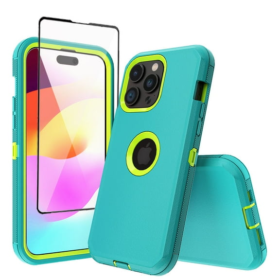 Xhy for iPhone 15 Pro Max Case with Screen Protector Military Grade Heavy Duty 3 in 1 Shockproof Armor iPhone 15 Pro Max 6.7 inch 2023 Phone - Green+Yellow