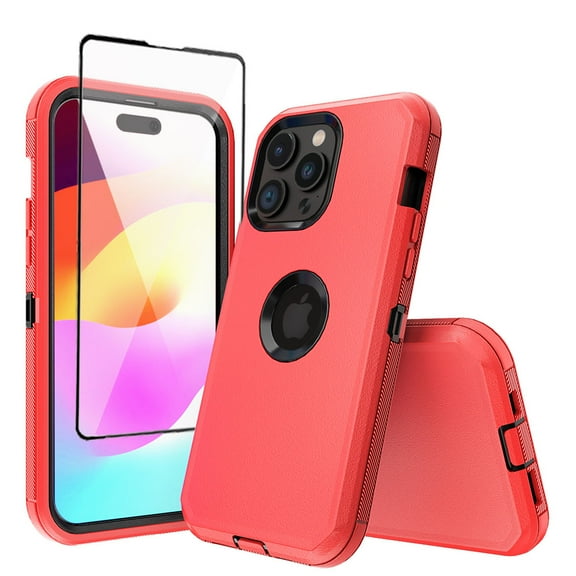 Xhy iPhone 15 Pro Max Case with Screen Protector Military Grade Heavy Duty 3 in 1 Shockproof Armor for iPhone 15 Pro Max 6.7 inch 2023 Phone - Red+Black