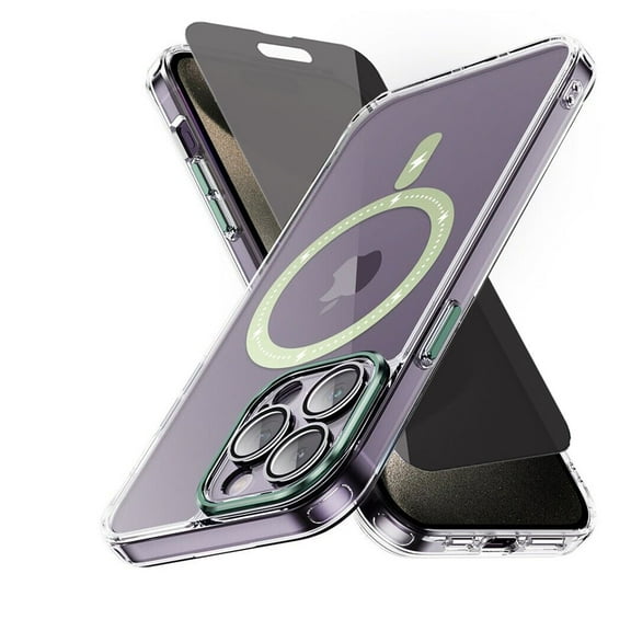Xhy iPhone 15 Pro Max Magnetic Case with Privacy Screen Protector Compatible with Magsafe Shockproof Non-Yellowing Crystal Clear Phone Case for iPhone 15 Pro Max 6.7 Inch Green