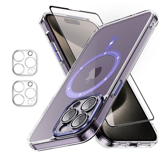 Xhy iPhone 15 Pro Max Magnetic Case with Screen and Lens Protector Compatible with Magsafe Shockproof Non-Yellowing Crystal Clear Phone Case for iPhone 15 Pro Max 6.7 Inch Purple