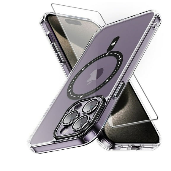 Xhy iPhone 15 Pro Max Magnetic Case with Screen Protector Compatible with Magsafe Shockproof Non-Yellowing Crystal Clear Phone Case for iPhone 15 Pro Max 6.7 Inch Black
