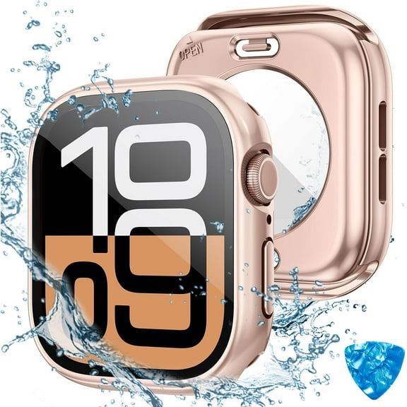 XiHAMA 2 in 1 Compatible with Apple Watch Waterproof Screen Protector Case Series 10 46mm Accessories, Watch Protective PC Face Cover Built-in Tempered Glass Film, Front and Back Bumper