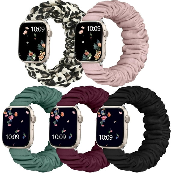 XiHAMA 5 Pack Scrunchie Bands Compatible with Apple Watch Band 38mm 40mm 41mm 42mm 44mm 45mm 49mm for Women, Cute Fabric Scrunchy Adjustable Elastic Strap for iWatch SE Ultra Series 8 7 6 5 4 3 2 1