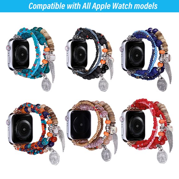 XiHAMA 6 PACK Beaded iWatch Band, 38mm/40mm/41mm/42mm(series 10)/22mm Handmade Elastic Bracelet with Paris Charm, Compatible with iWatch Series 10/9/8/7/SE/6/5/4/3/2/1