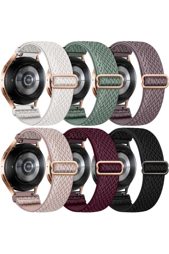 6 Pack Stretchy Bands Compatible with Samsung Galaxy Watch 7 6 5 4 40mm 44mm/Galaxy Watch Classic 42mm 46mm 43mm 47mm/Galaxy 5 Pro 45mm/Active 2, 20mm Elastic Nylon Sport Strap for Men Women