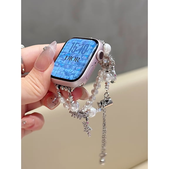 XiHAMA Pearl Beaded Bands Compatible with Apple Watch 38/40/41/42/44/45/46/49mm Women, Dressy Wristband Bling Stylish Strap Beads Chain with Pretty Charms Pendants for iWatch Series 1-9, SE, Ultra