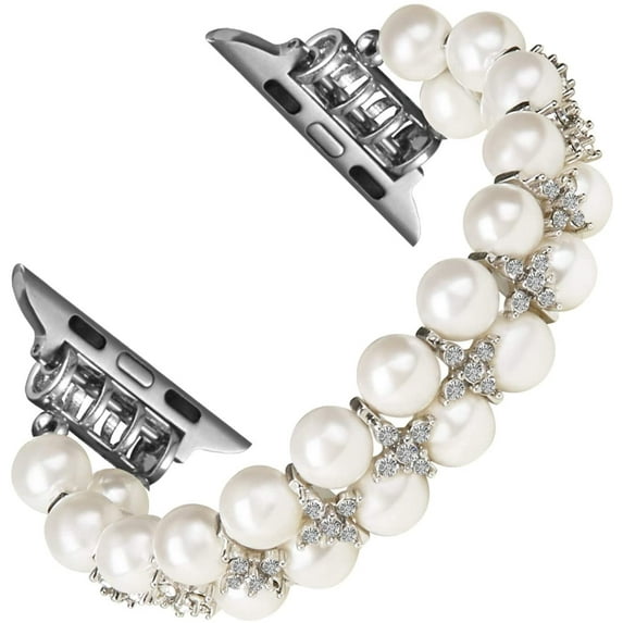 XiHAMA Pearl Bracelet Compatible with Apple Watch Band 38/40/41mm 42/44/49mm iWatch Series 9/8/7/6/5/4/3/2/1, Artificial Elastic Stretch Bling Diamond Jewelry Wristband Replacement Strap
