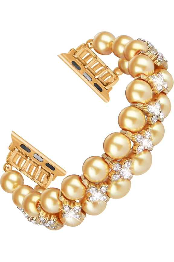 Pearl Bracelet Compatible with Apple Watch Band 38/40/41mm 42/44/49mm iWatch Series 9/8/7/6/5/4/3/2/1, Artificial Elastic Stretch Bling Diamond Jewelry Wristband Replacement Strap