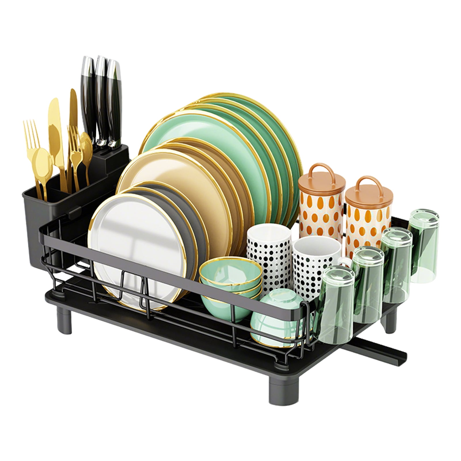 Black Carbon Steel Multi-Functional Dish Drying Rack with Utensil Holder