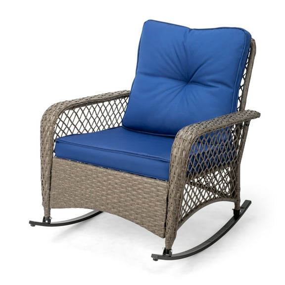 XiHuaZhaoChen 1 PC Patio Rocking Chair,All-Weather Wicker Rocking Chairs for Outdoors,Wicker Patio Chairs with Cushions,Rattan Patio Rocking Chairs for Garden,Backyard，Blue