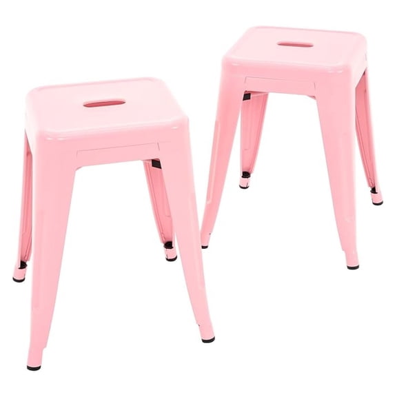 XiHuaZhaoChen 18 Inch Industrial Metal Stools Set of 2,Stackable Classroom Stools,Backless Metal Dining Chairs for Indoor Outdoor,Kitchen Short Stools (Pink)