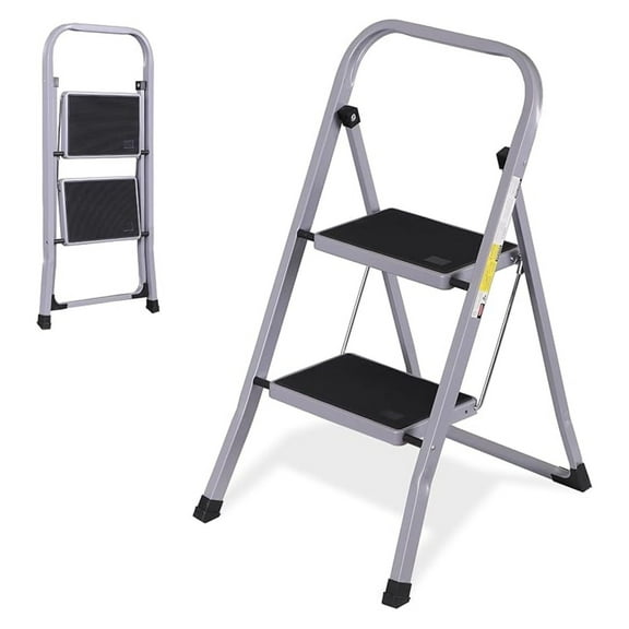 XiHuaZhaoChen 2 Step Ladder Folding Step Stool with Wide Anti-Slip Pedal, Convenient Handgrip, Portable Steel Step Stool, 300 lbs Sturdy Steel Ladder for Household and Office, Gray