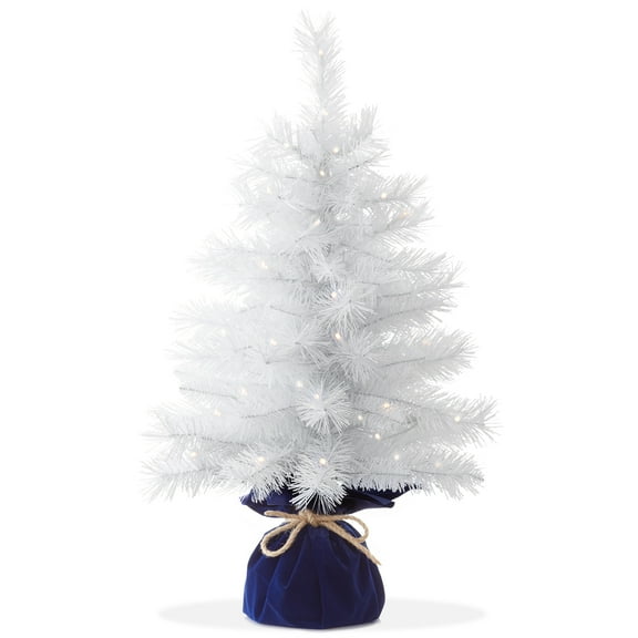 XiHuaZhaoChen 2FT Pre-Lit Artificial Mini Christmas Tree, Tabletop Holiday Tree with White Lights and Velvet Bag Base for Christmas Decor,White White Lights