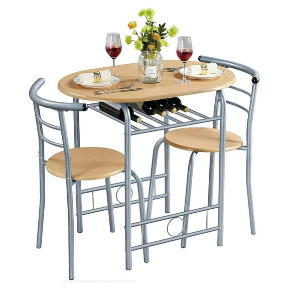 XiHuaZhaoChen 3 Piece Dining Table Set, Kitchen Table & Chair Sets for 2, Compact Bistro Table Set with Steel Legs, Built-in Wine Rack for Small Space, Apartment, Breakfast Nook, Natural