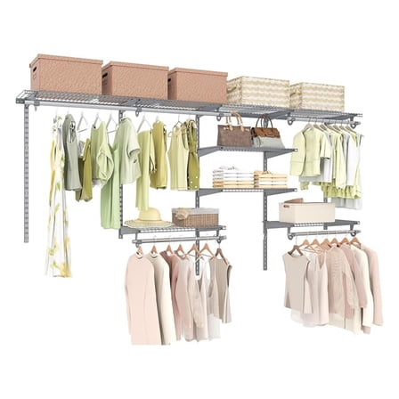 XiHuaZhaoChen 4 to 8 FT Custom Closet System, Wall Mounted Closet with Hanging Rod, Metal Hanging Storage Organizer Rack Wardrobe with Shelves, Adjustable Closet System Kit for Bedroom (Gray)